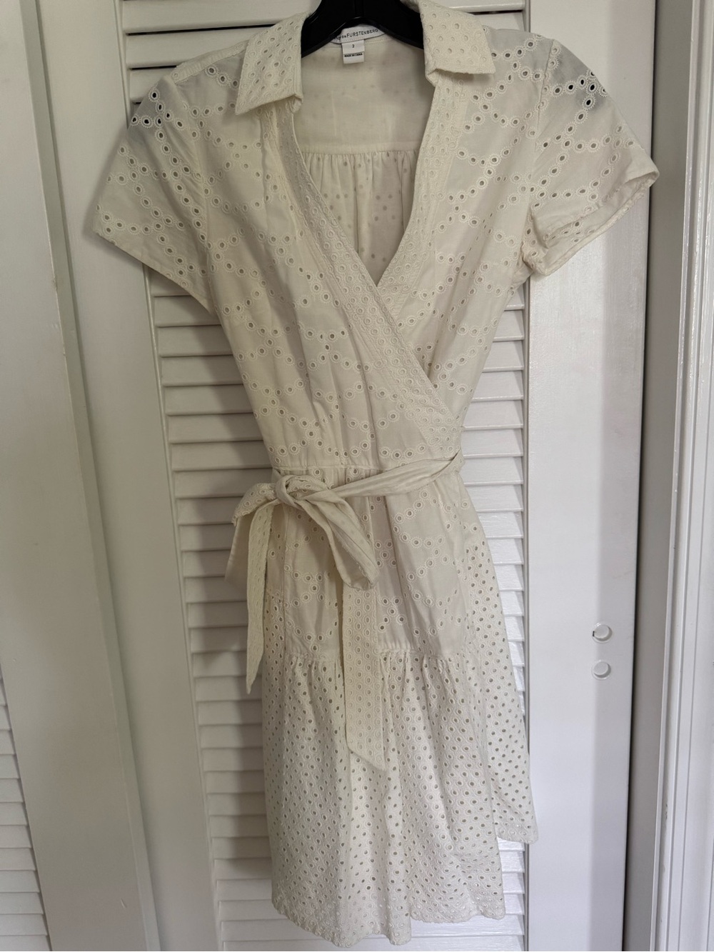 Diane Von Furstenberg Cream Eyelet Wrap Mini Dress